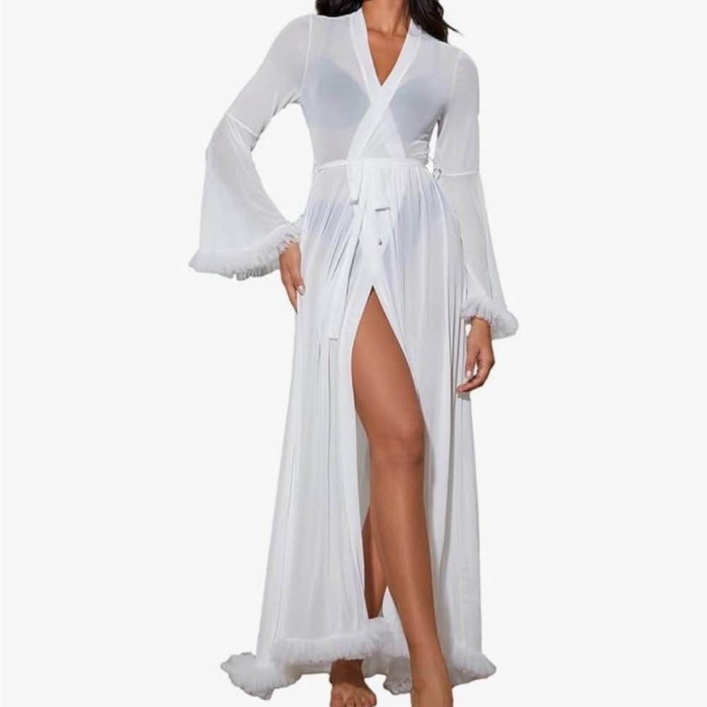 Amazon Women's White Sheer Long Robe with Feather Trim